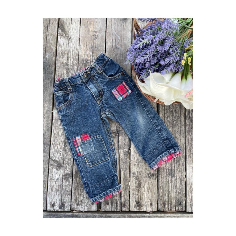 Oshkosh B'Gosh Denim Jeanes Plaid Patchwork Lined Cotton Sz 12 Months